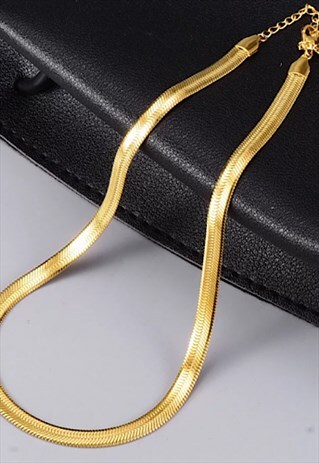 FLAT GOLD SNAKE CHOKER NECKLACE, EXTENDABLE, HERRINGBONE