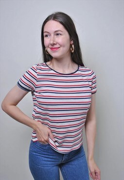 Vintage white striped minimalist short sleeve blouse 