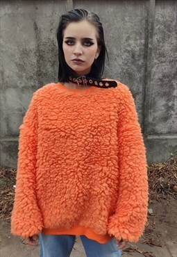 Wide fluffy fleece sweater fake fur drop shoulder top orange