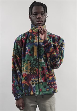 VINTAGE 80'S PRIMARY COLOUR PATTERN FLEECE JACKET