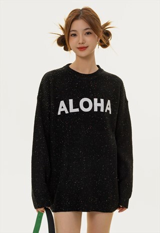 Aloha sweater knitted Hawaii slogan jumper retro top black