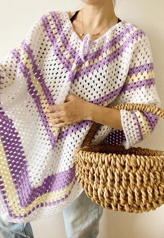 VINTAGE 70S MOD HANDKNIT CROCHET HONEYCOMB CAPE PONCHO