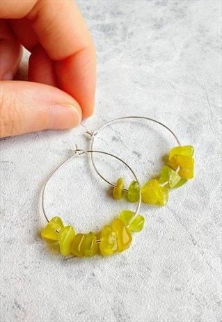 OLIVE JADE GEM STONE HOOP EARRINGS