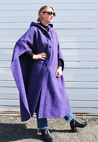 VINTAGE 70S JIMMY HOURIHAN PURPLE TWEED HOODED WINTER CAPE