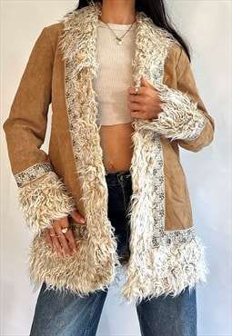 00s Tan & Cream Fur Leather Floral Embroidered Afghan Coat