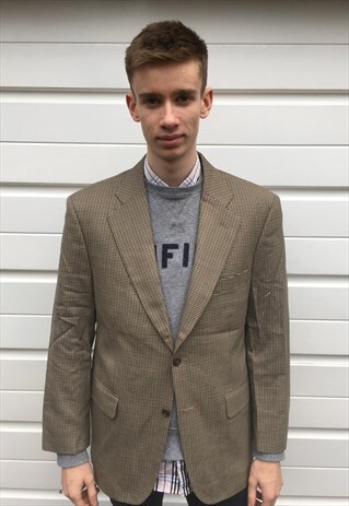 MENS VINTAGE 80S BROWN DOGTOOTH PATTERNED BLAZER JACKET SUIT