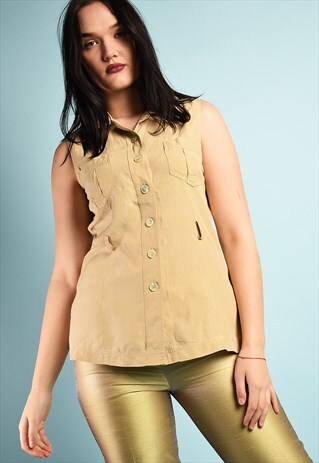 VINTAGE 90S MINIMALIST GILET BLOUSE TOP IN BEIGE