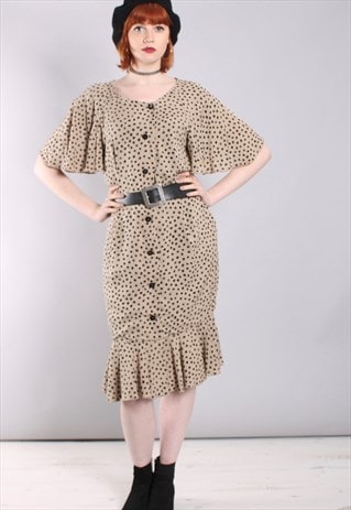 VINTAGE 80S SILK SPOTTY BUTTON RUFFLE HEM DRESS