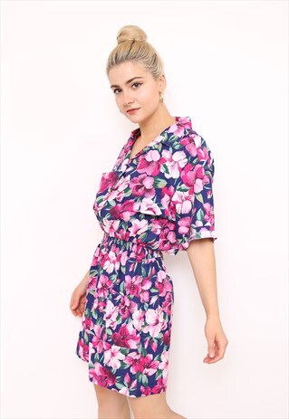 VINTAGE 90S PINK FLORAL COTTON SHIRT PLAYSUIT