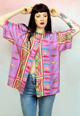 1980S VINTAGE LILAC PURE SILK SHIRT WITH VIBRANT PATTERN