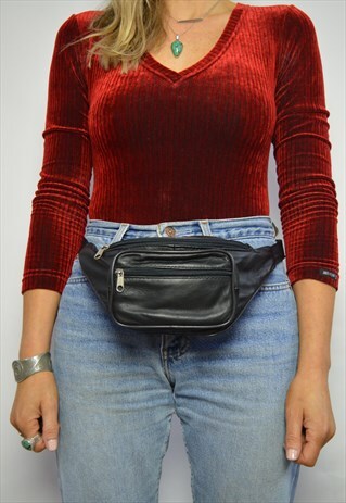 VINTAGE 90S BLACK LEATHER BUM BAG FANNY PACK GRUNGE RETRO