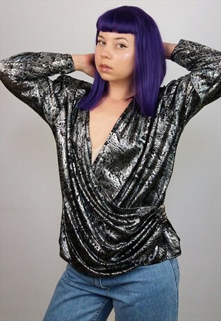 VINTAGE 80'S PADDED SHOULDERS BLACK SILVER PARTY TOP
