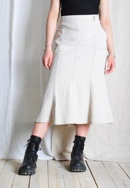 Vintage 90s Beige Linen Blend Scandi Minimalist Midi Skirt