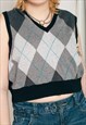 VINTAGE ARGYLE VEST Y2K REWORKED CROP WAISTCOAT IN GREY