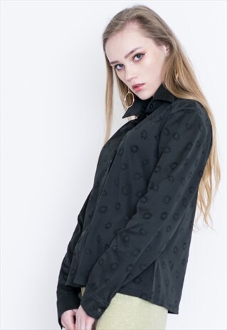VINTAGE BLACK FLORAL PATTERNED SLEEVE RETRO SHIRT