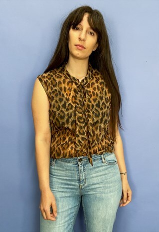 VINTAGE 80'S LEOPARD PRINT PUSSY BOW BLOUSE