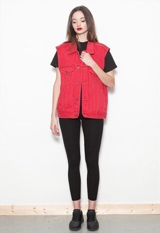 VINTAGE 90S RED DENIM SLEEVELESS JACKET / GILET