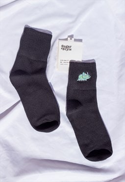 Black Dinosaur Embroidered Socks