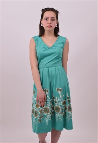 VINTAGE 70'S TURQUOISE FLOWER PRINT DRESS SIZE 6 TO 8