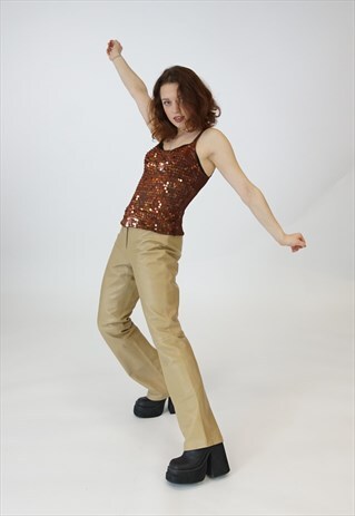 VINTAGE 90S TOMMY HILFIGER BEIGE LEATHER FLARED TROUSERS