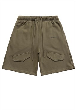 Outer imitation pockets shorts cut ends pants in green