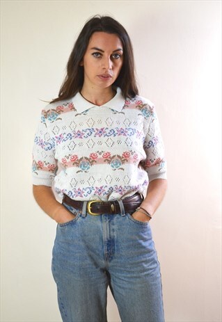1980S VINTAGE COLLERED PATTERN KNIT CROP SLEEVE JUMPER