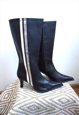 Vintage Black Genuine Leather Cowboy Western Boots Shoes