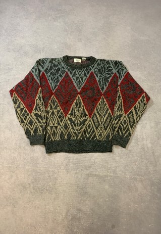 VINTAGE KNITTED JUMPER ABSTRACT PATTERNED GRANDAD SWEATER