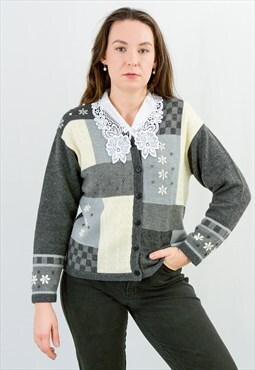 Retro sweater vintage 90s wool cardigan gray white women M