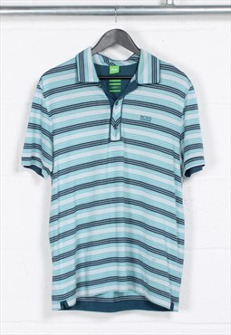 Vintage Hugo Boss Polo Shirt Blue Stripe Short Sleeve Large