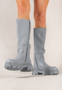 Grey Chunky Sole Side Zip Wellie Boots