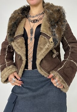 Vintage Y2k Miss Sixty Jacket Fur Coat Brown Boho Fairy 90s