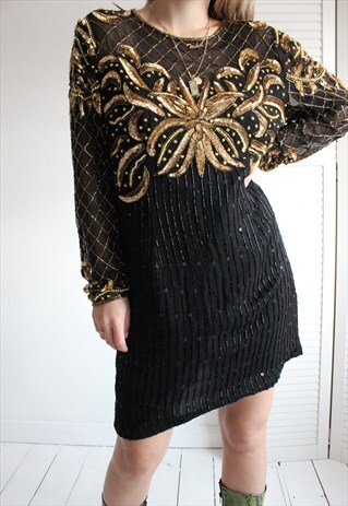 VINTAGE 80S BLACK & GOLD SEQUIN BEADED COCKTAIL MIDI DRESS