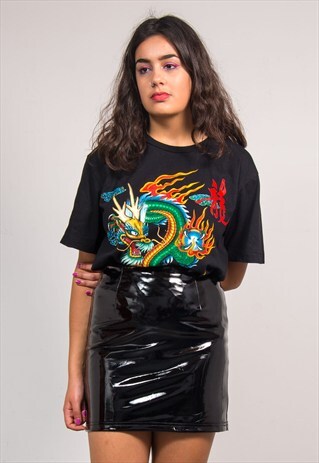 VINTAGE 90'S Y2K BLACK FLAME DRAGON GRUNGE T-SHIRT