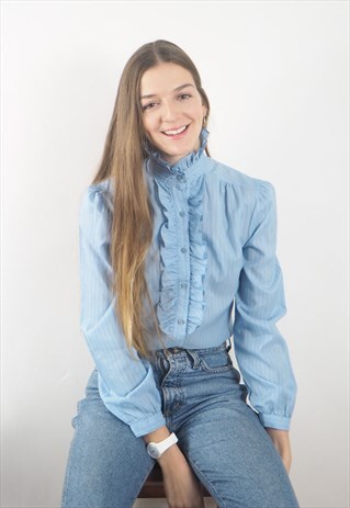 VINTAGE BABY BLUE FRILL 80'S BLOUSE