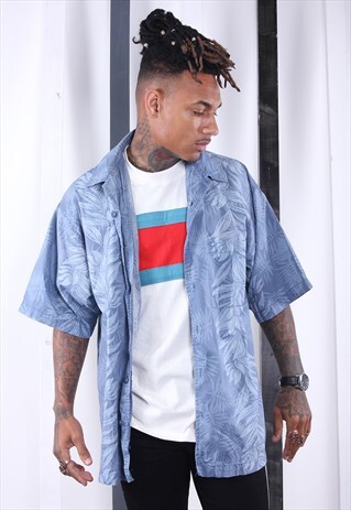 VINTAGE 90'S BLUE HAWAIIAN PRINT SILK SHIRT. UNISEX.FESTIVAL
