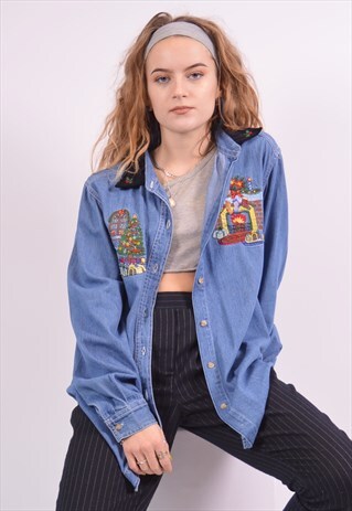 WOMENS VINTAGE DENIM SHIRT SMALL BLUE 90S