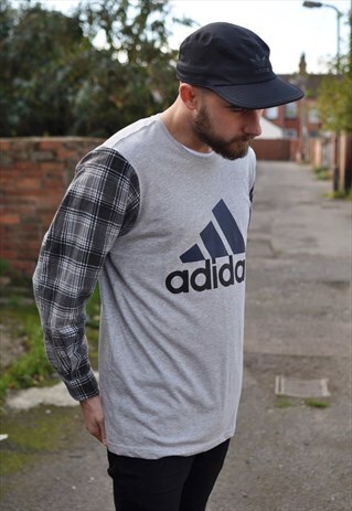 90'S GRUNGE ADIDAS REWORK T WITH VINTAGE CHECK SHIRT SLEEVES