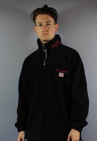 VINTAGE POLO SPORT 1/4 ZIP FLEECE SWEATSHIRT IN BLACK WITH E