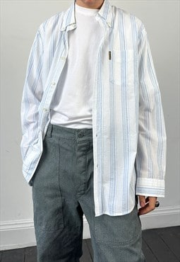 Armani Vintage Shirt Stripe Striped Crinkle Cotton Blue L
