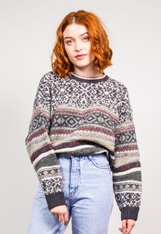 VINTAGE 90'S GREY THICK KNIT FAIR ISLE PATTERN JUMPER