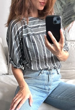 80s Striped Crop Top / Blouse - S - M