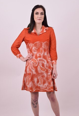 VINTAGE 60'S ORANGE CRAZY PRINT SHIFT DRESS MOD SIZE 10 12