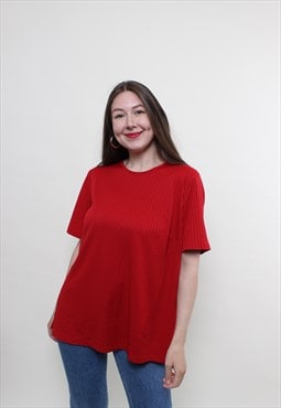 Vintage 90s textured blouse, red pullover blouse ribbed 