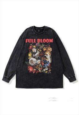 Floral t-shirt grunge flowers print long tee retro top grey