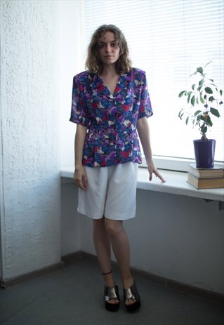 VINTAGE 80'S MULTICOLOURED FLOWER PRINT SHORT SLEEVED BLOUSE