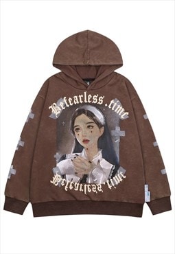 Gothic hoodie psychedelic pullover religion jumper in brown