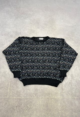 VINTAGE KNITTED JUMPER ABSTRACT LEAF PATTERNED KNIT SWEATER