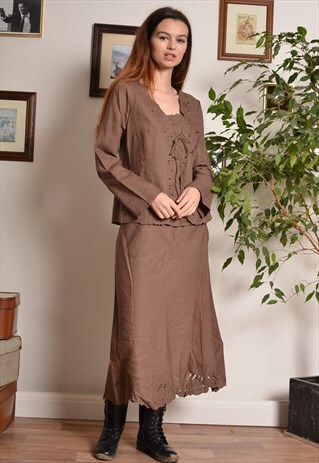 VINTAGE 90S VEST TOP SKIRT AND SHRUG COORDINATES IN BROWN