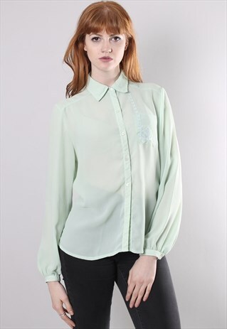 VINTAGE 80S MINT GREEN CHIFFON SHEER EMBROIDERED BLOUSE